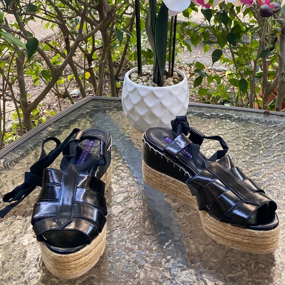 Ralph Lauren Purple Label Black Wrap Around Strap Platform Espadrilles Sandals - Picture 1 of 16